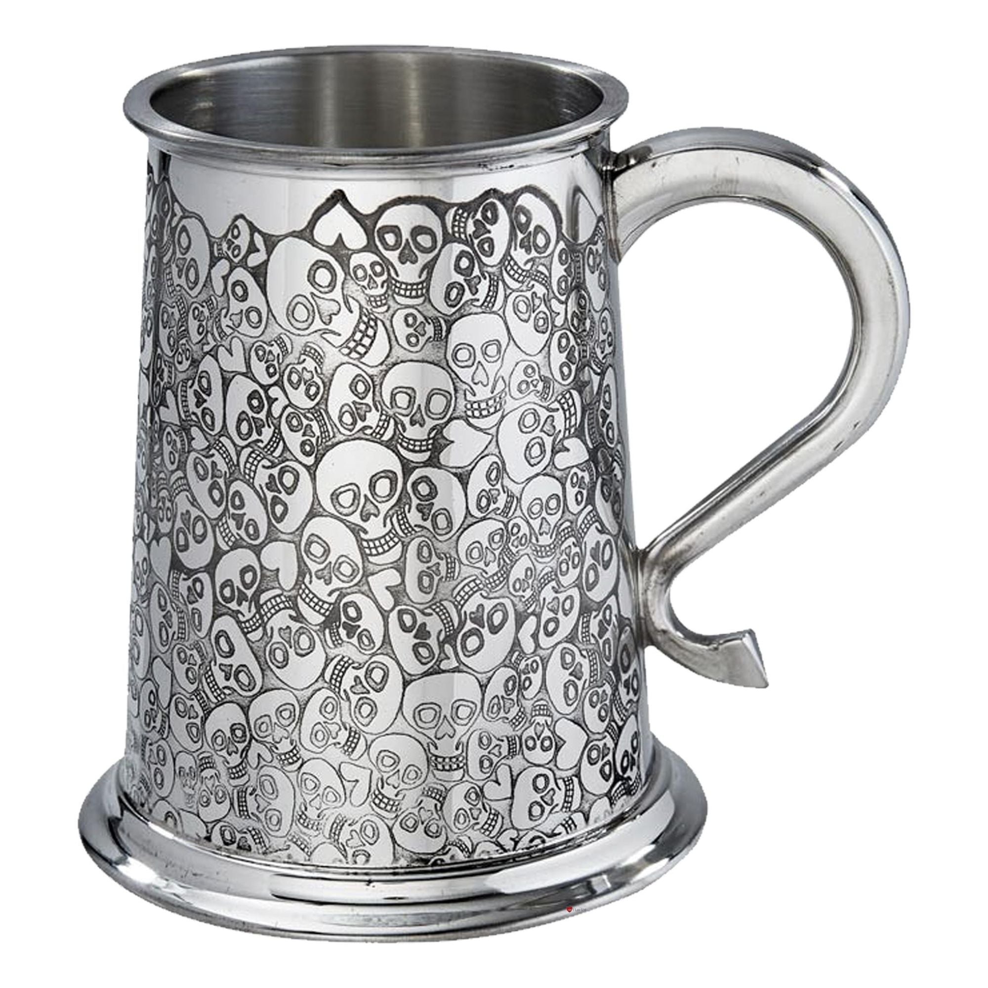 1 Pint Pewter Tankard Skull and Heart Design Swan Handle Perfect for Engraving