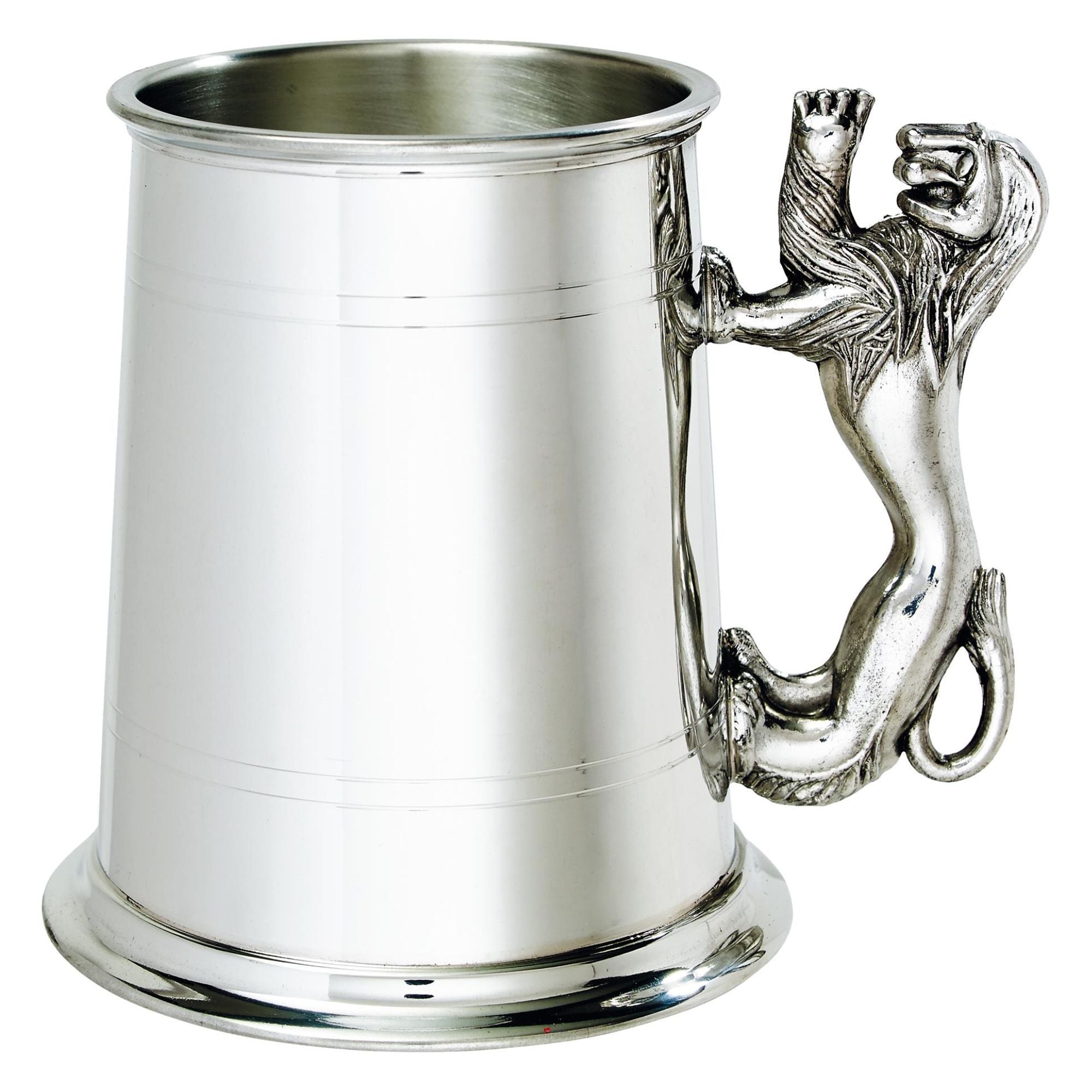 Pewter Tankard 1 Pint Plain Double Lines Lion Rampant Handle High-Quality Pewter