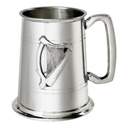 Pewter Tankard 1 Pint Raised Irish Harp Badge Double Line Perfect for Engraving