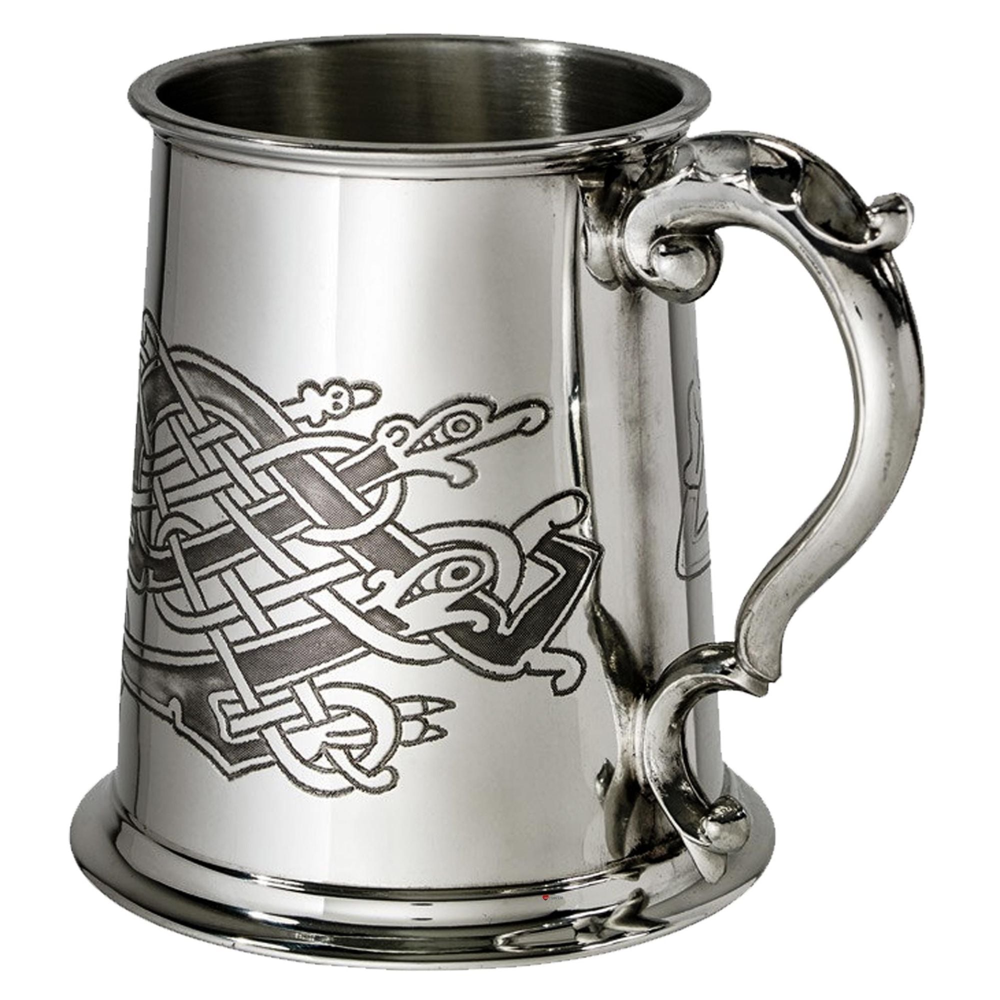 1 Pint Pewter Tankard with Celtic Birds Design Scroll Handle