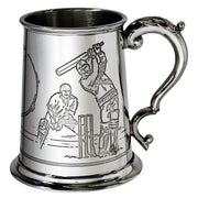 Pewter Tankard 1 Pint with Cricket Scenes on Both Sides and Antique Handle