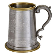 Pewter Tankard Brass Rim 1 Pint Viking Norse Artwork Antique Scroll Handle