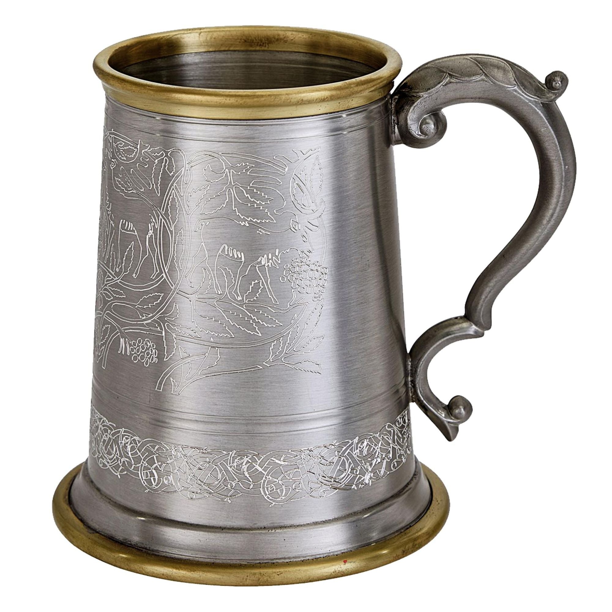 Pewter Tankard Brass Rim 1 Pint Viking Norse Artwork Antique Scroll Handle