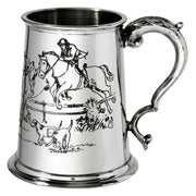 Tankard 1 Pint British Hunting Scene Embossed on Front and Back Scroll Handle