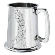 Pewter Tankard 1 Pint With Embossed Golfer Design and Squared Handle