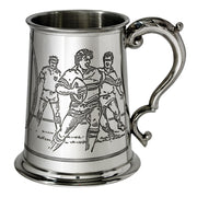 Pewter Tankard 1 Pint with Rugby Scenes on Both Sides and Antique Handle