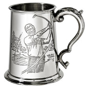 Pewter Tankard 1 Pint with Golf Scenes on Both Sides and Antique Handle