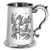 Pewter Tankard 1 Pint Shooting Scenes on Both Sides and Antique Handle