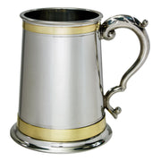 Pewter Tankard 1 Pint Double Brass Banded Antique Handle Perfect for Engraving