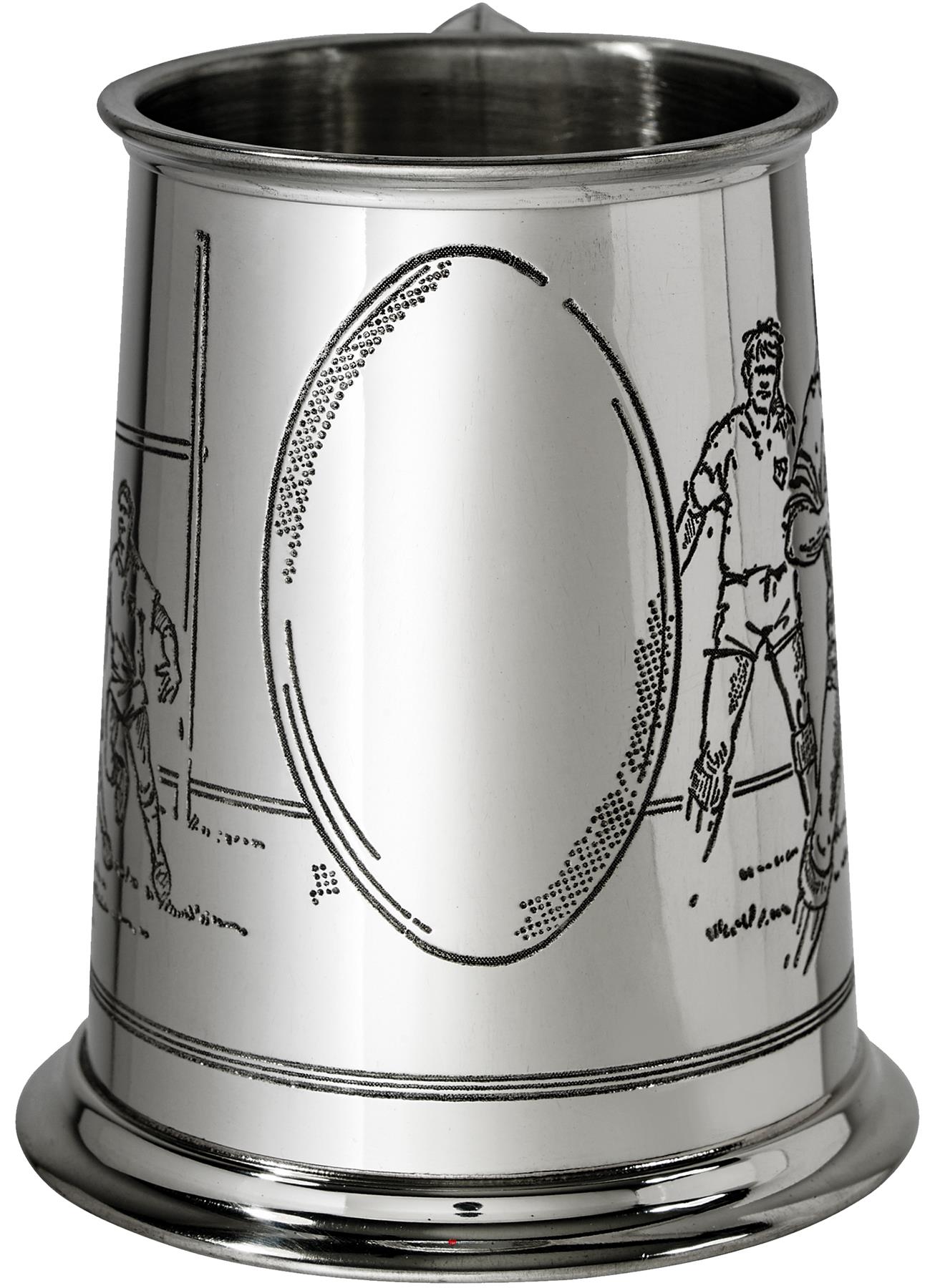 Pewter Tankard 1 Pint with Rugby Scenes on Both Sides and Antique Handle