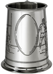 Pewter Tankard 1 Pint with Rugby Scenes on Both Sides and Antique Handle