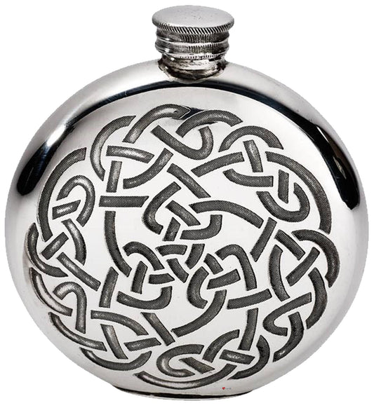 Round Pewter 6oz Flask Celtic Knot Design Polished Screw Perfect for Engraving