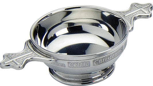 Christening Quaich With Cross Style Handles And Celtic Banding Made From Pewter