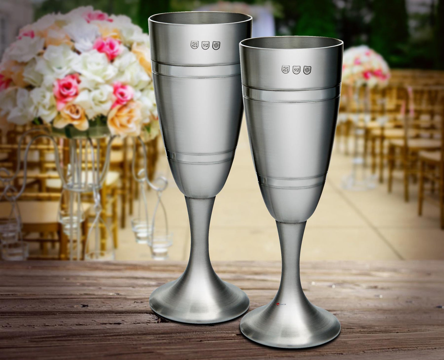 Pair of Celebration Champagne Flutes Wedding Part Finish Band in Center Pewter