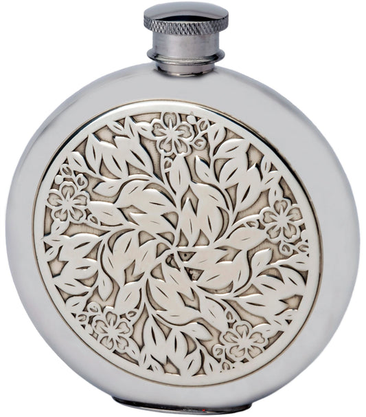 4oz Round Hip Flask With Embossed Flower and Leaf Design Made From Pewter