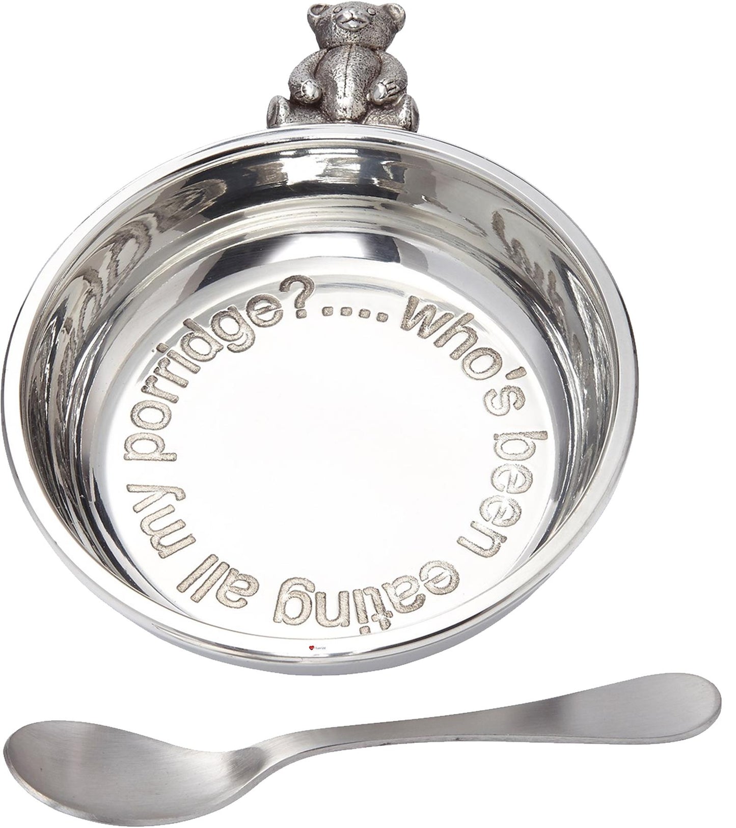 Child's Porridge Bowl and Spoon Pewter with Teddy Handle Perfect for Engraving