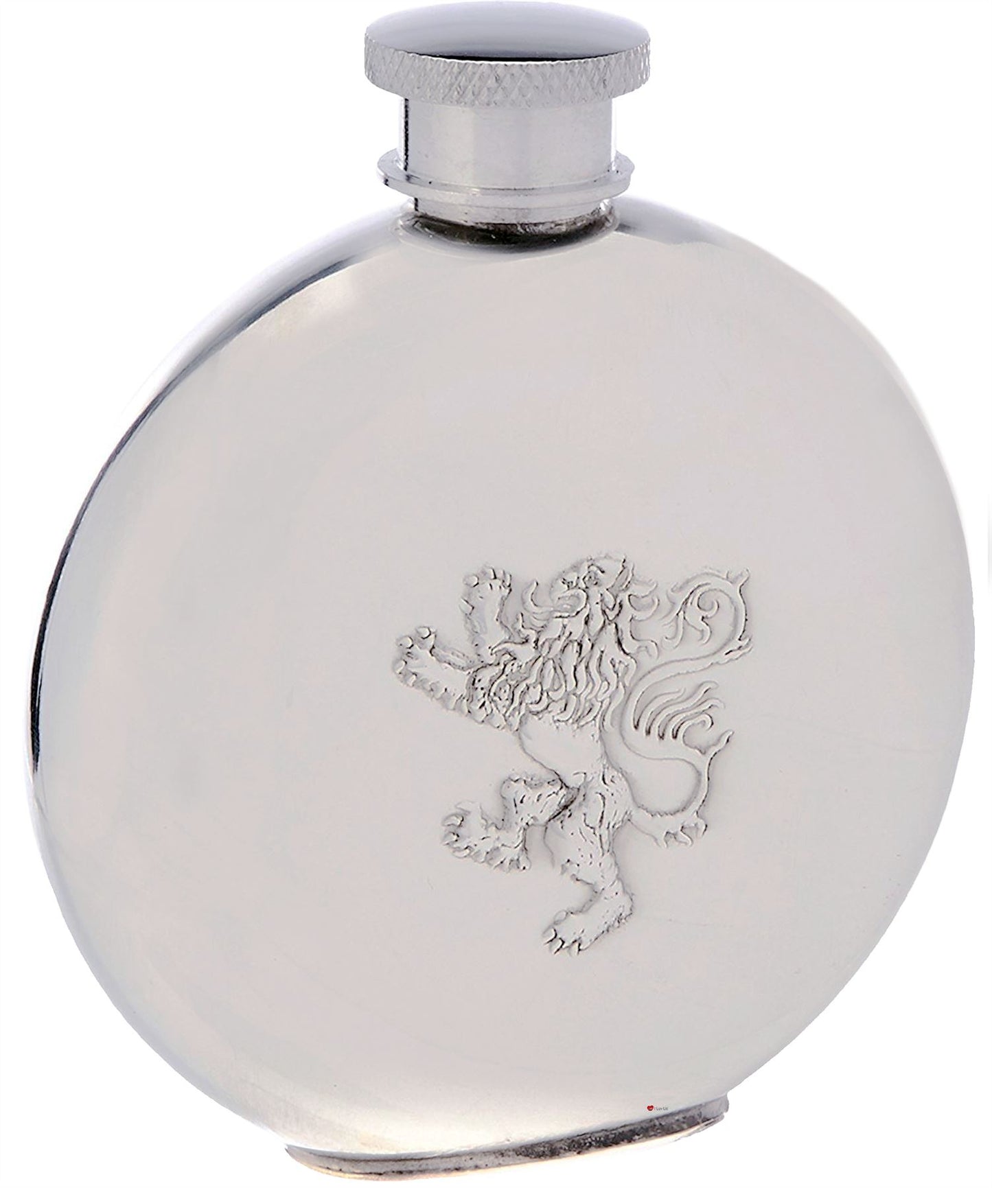 Pewter Round Flask Rampant Lion Design Engravable on Back Screw Top