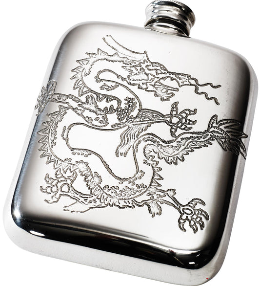 4oz Pewter Hip Flask Polished Finish with Detailed Chinese Dragon Bright