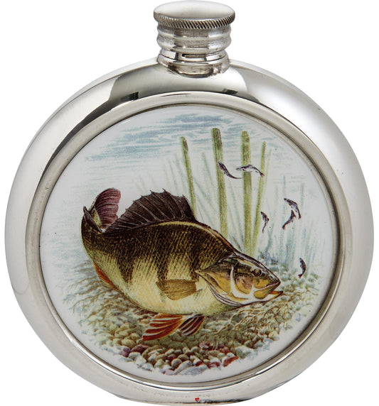 Round 6oz Pewter Flask with Unique Colour Picture Perch Bright Polished Screw