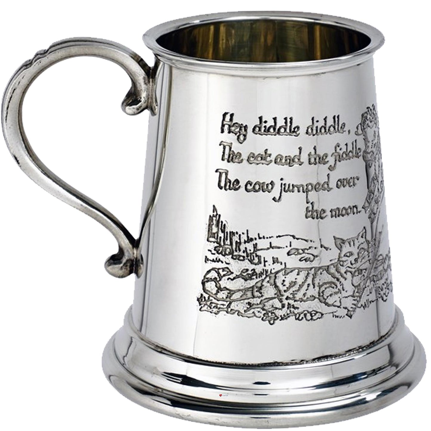 Quarter Pint Mug Cow Over the Moon Christening Gift Pewter Tankard Scroll Handle