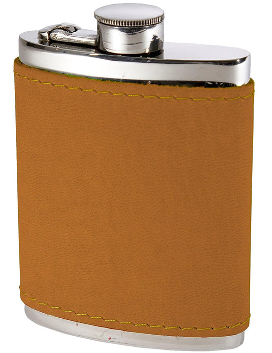 6oz Pewter Flask English Tan Leather Band Polished Screw Perfect for Engraving