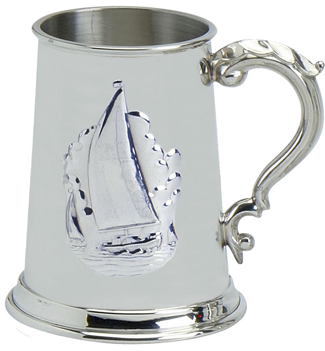 Pewter Tankard Handmade Embossed Sailing Yachting On Water Scene Ornate Handle