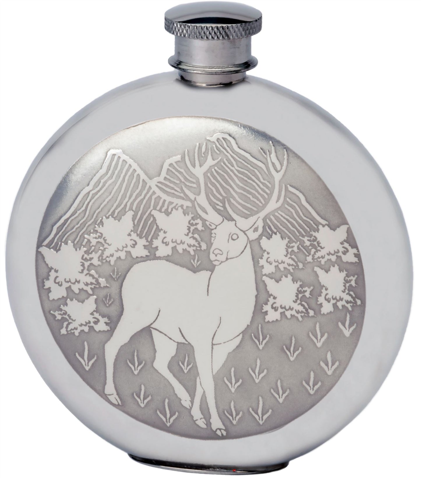 6oz Round Hip Flask With Embossed Stag Design Great Gift Made From Pewter