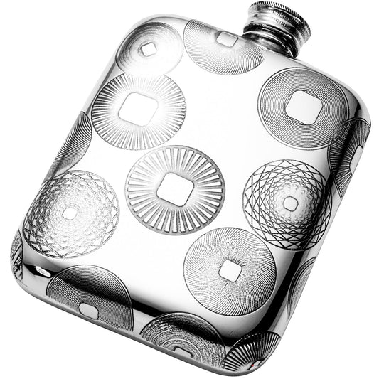 4oz Pewter Pocket Purse Flask Embossed Design Millstones Pattern Polished Screw