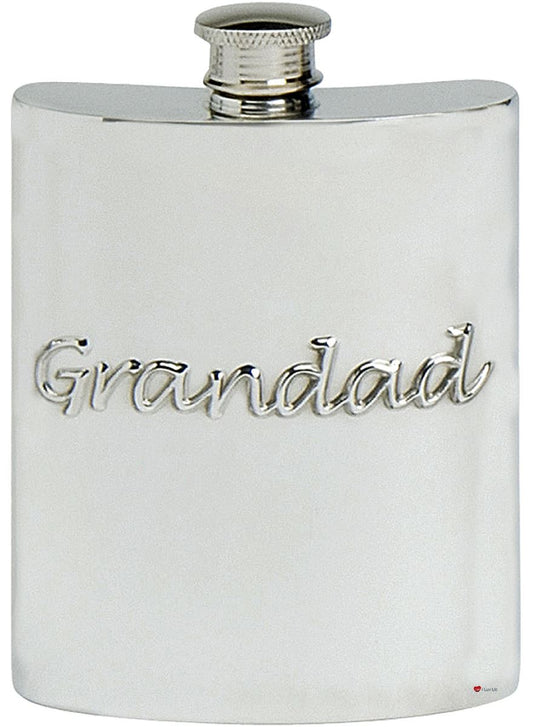 Embossed Grandad Hip Flask 6oz Kidney Shape Pewter Engravable On back Ideal Gift