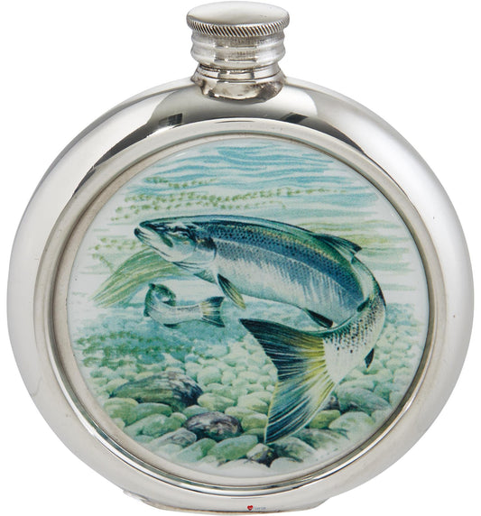 Round 6oz Pewter Flask with Unique Colour Picture Salmon Bright Polished Screw