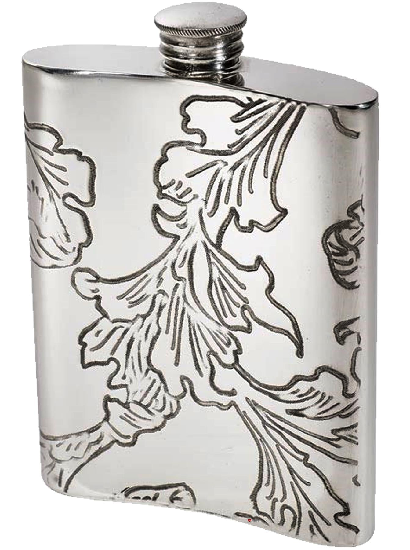 6oz Pewter Hip Flask Acanthus Leaf Decoration Pattern Bright Polished Screw Top