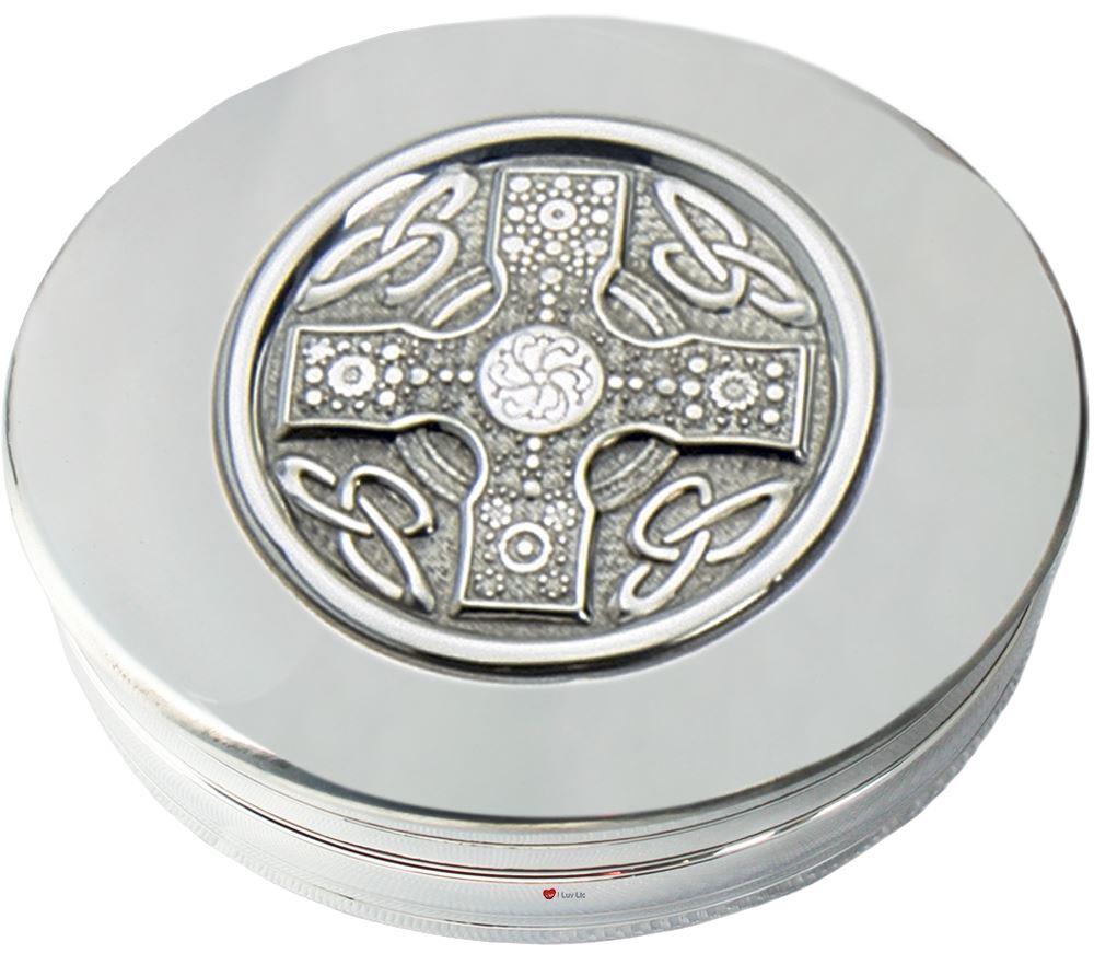 Trinket Boxes Pewter Round with Circular Insert Lid Featuring Iona Cross 90mm 50mm