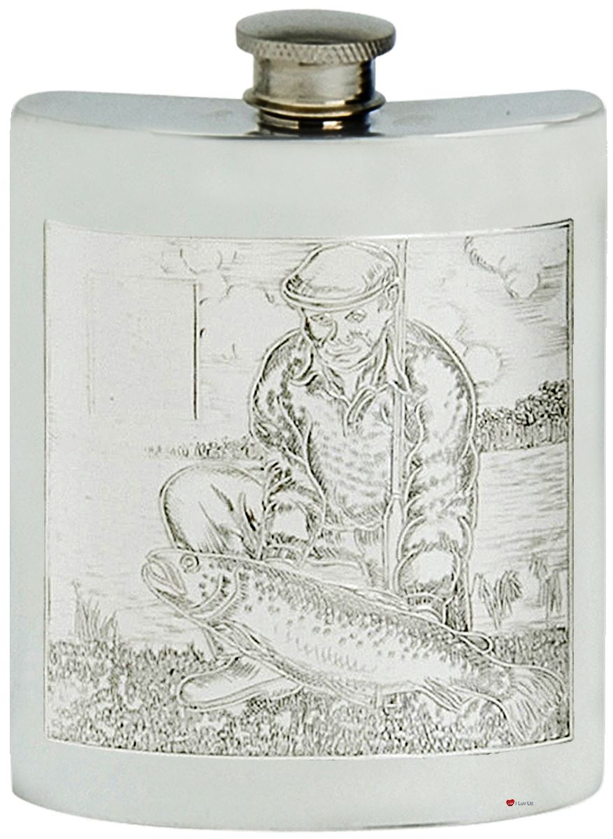 Pewter Hip Flask Fisherman Picture Scene Kidney Shape Engravable 6oz Screw Top