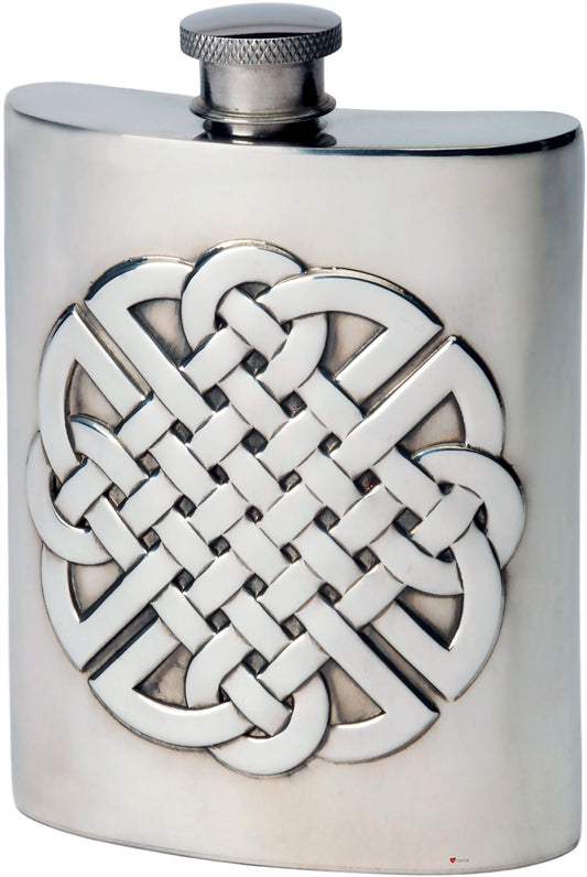 6oz Hip Flask With Embossed Celtic Knote Design Kidney Flask Made From Pewter