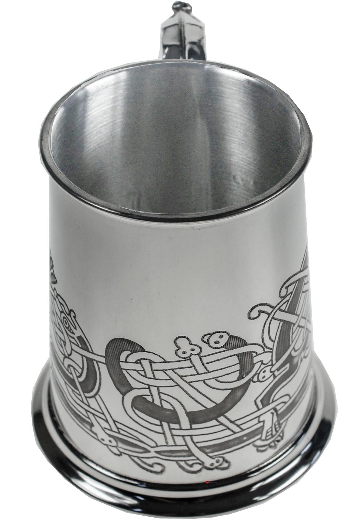 1 Pint Pewter Tankard with Celtic Birds Design Scroll Handle