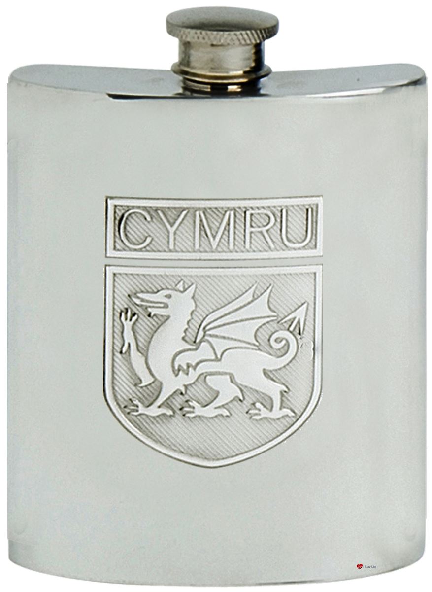 Pewter Hip Flask 6oz Traditional Welsh Shield CYMRU Screw Top Engravable Back