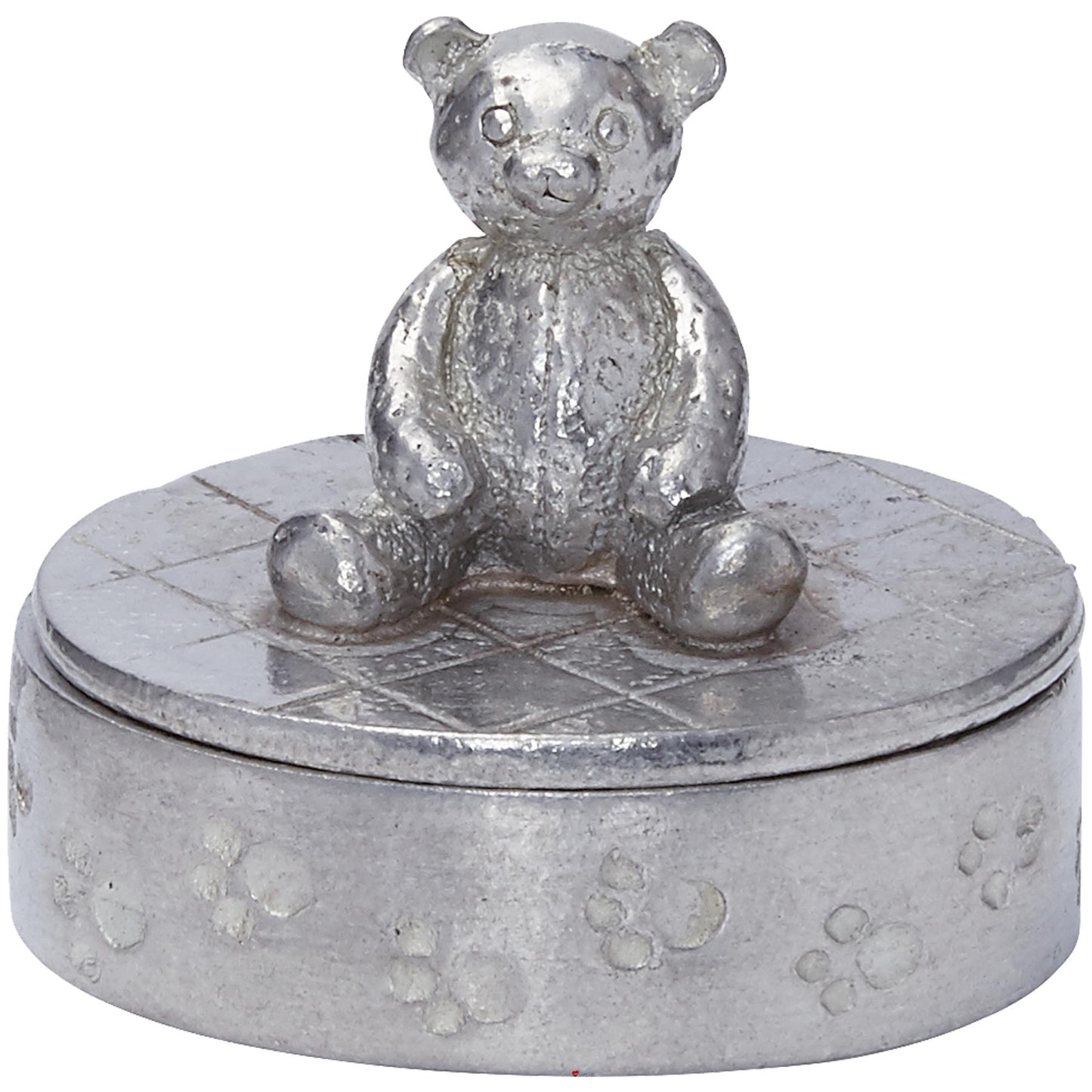 Child's Pewter Trinket Box Cute Teddy Bear on Top in Oval Paw Prints on Body