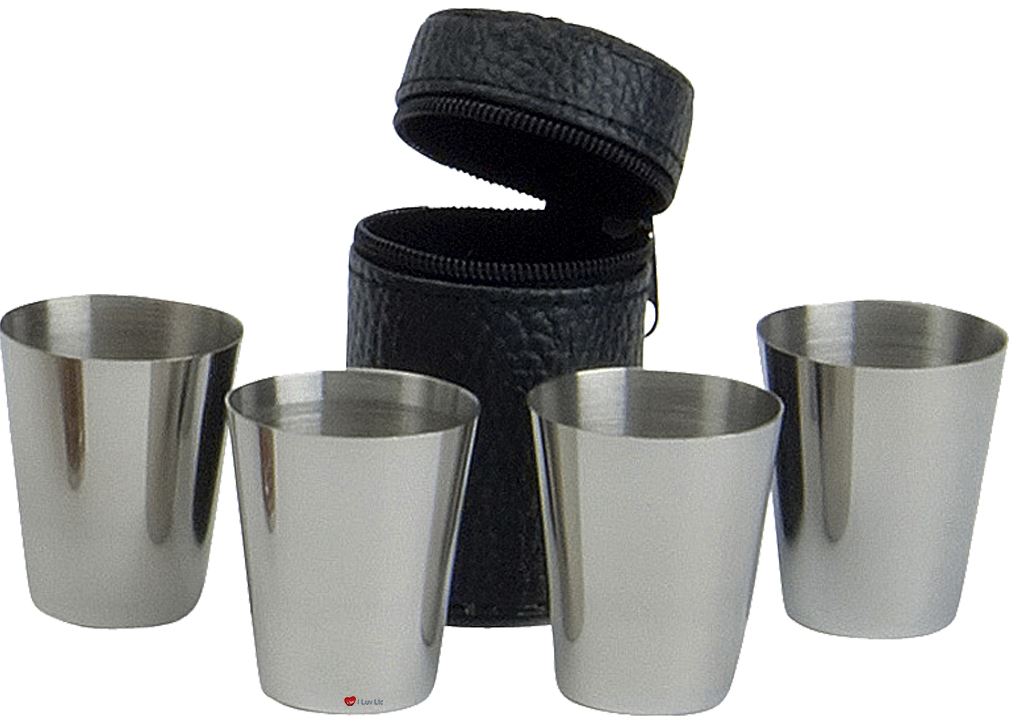 Four Drinking Travel Cups Set With Leather Case Ideal With Flask