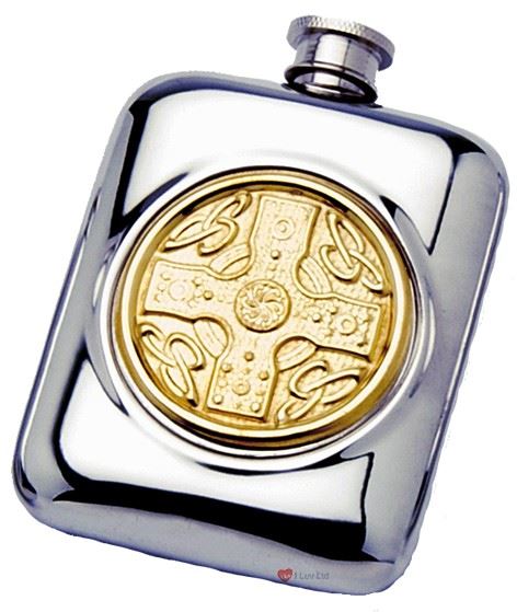 Pewter Pocket Flask With Brass Celtic Disc Engravable Great Gift Screw Top