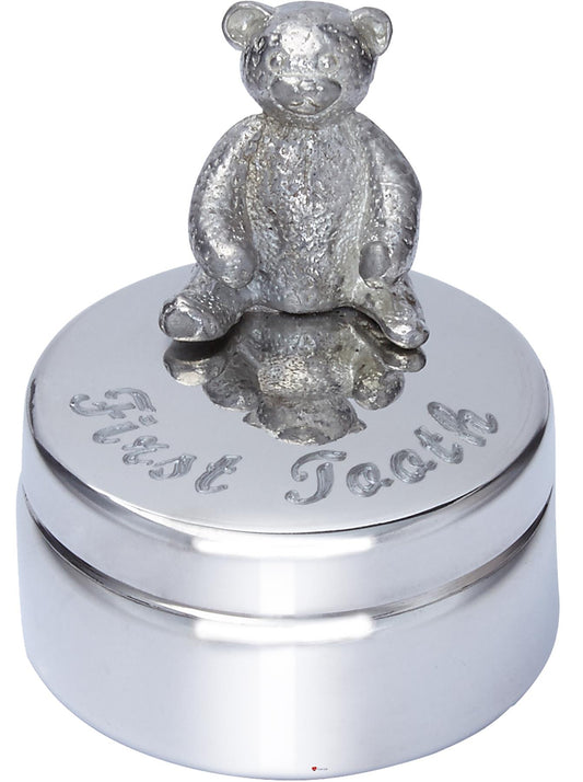 Child's First Tooth Pewter Trinket Box Teddy Bear on Top Perfect for Engraving