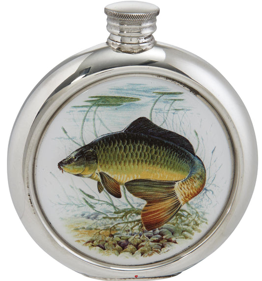 Round 6oz Pewter Hip Flask with Unique Colour Picture Carp Bright Polished Screw