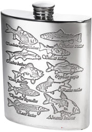 Kidney Shaped Flask 6oz Pewter with Fish and Their Latin Names
