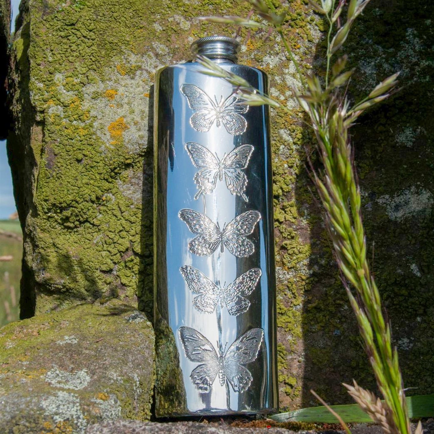 3oz Slim Pewter Flask in Butterfly Design Polished Screw Perfect for Engraving