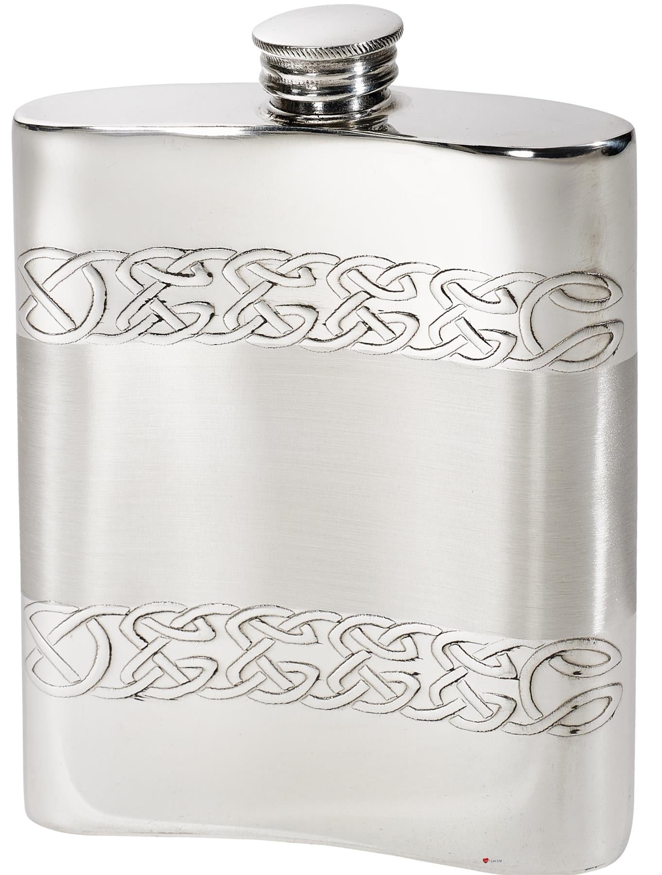 6oz Hip Flask Embossed Double Celtic Bands Pewter with Satin Polished Screw Top