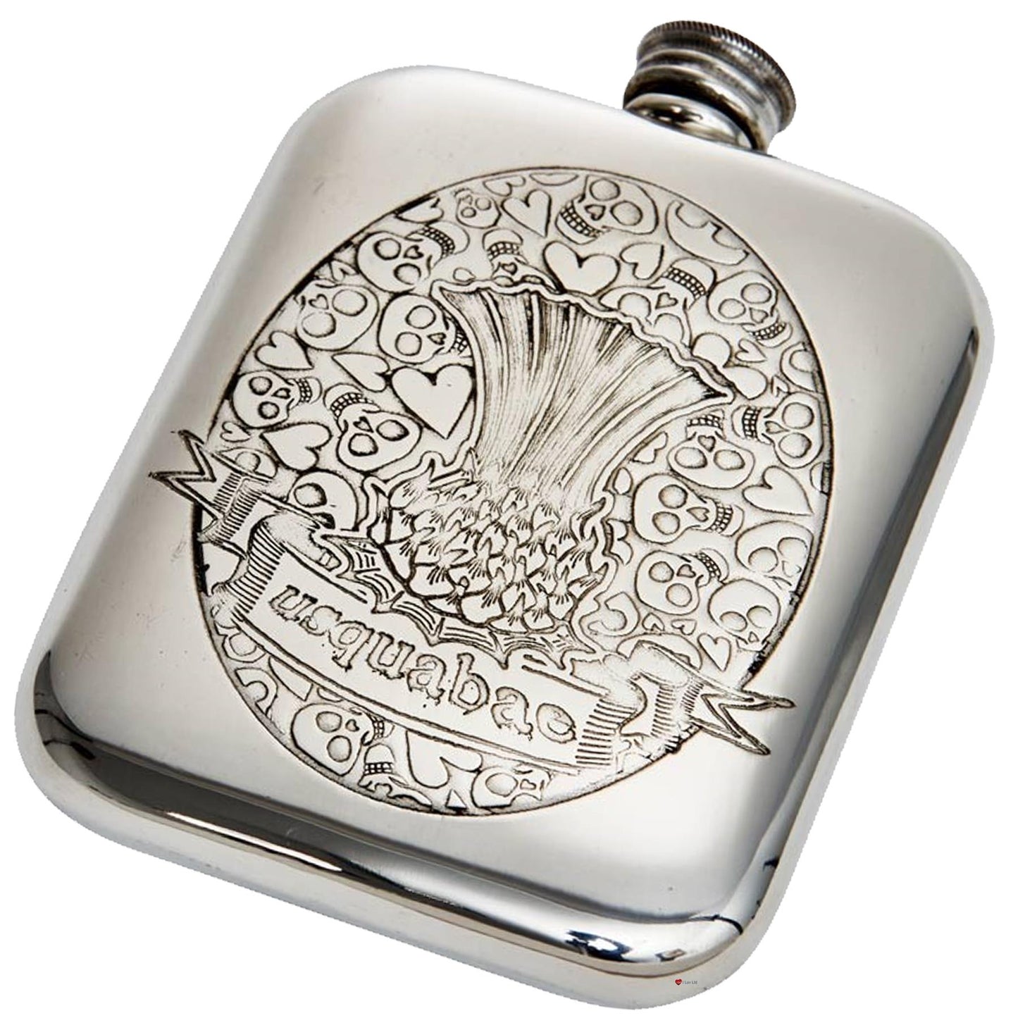 6oz Flask with Embossed Usquabae Thistle Skull and Hearts Perfect for Engraving