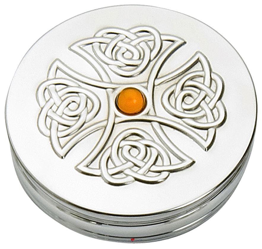 Trinket Boxes Pewter Round Celtic Cross Inset Topaz Coloured Stone Lid 90mm 50mm