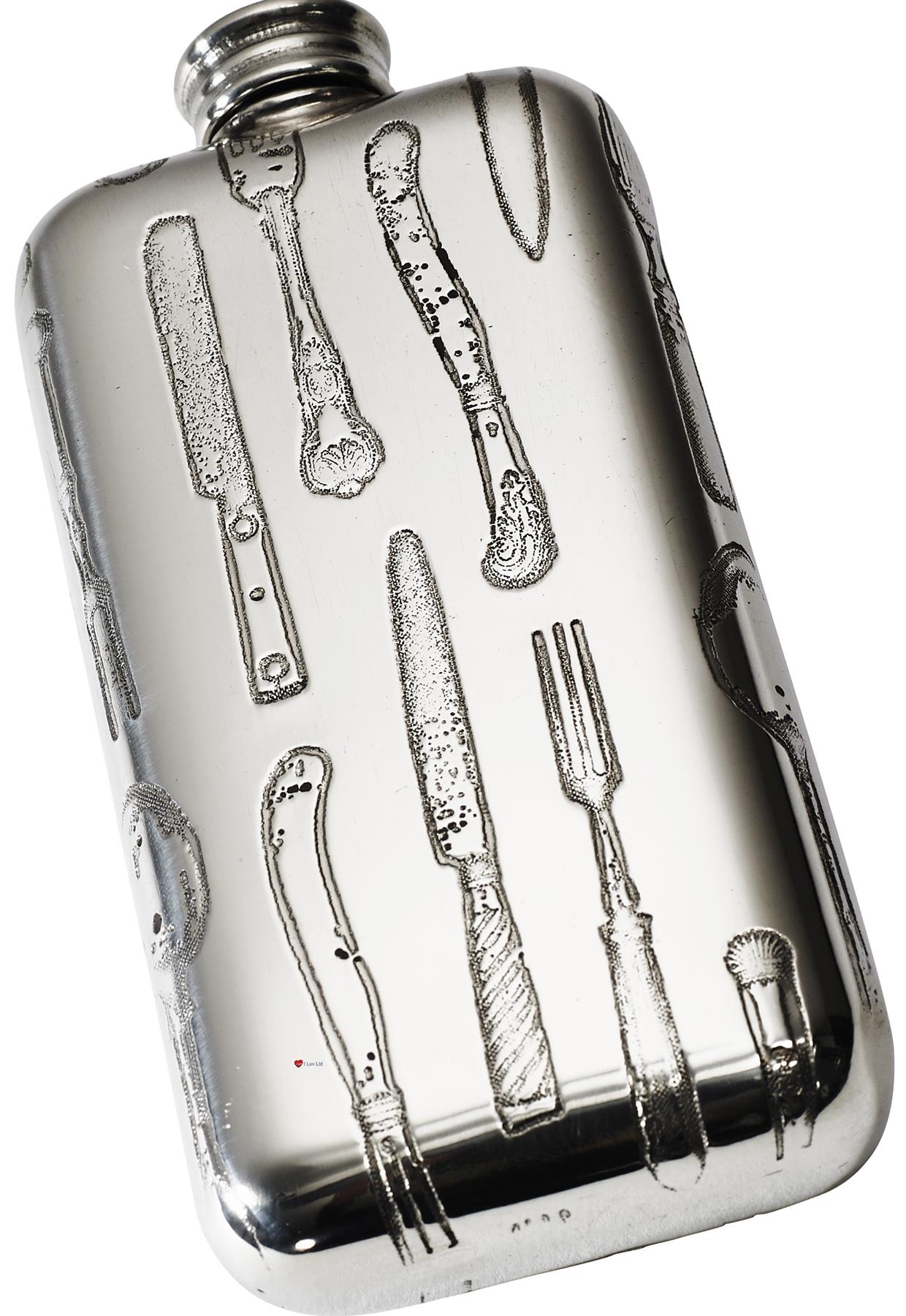 3oz Pocket Flask Pewter Embossed with Knife, Fork and Spoon Pattern Top