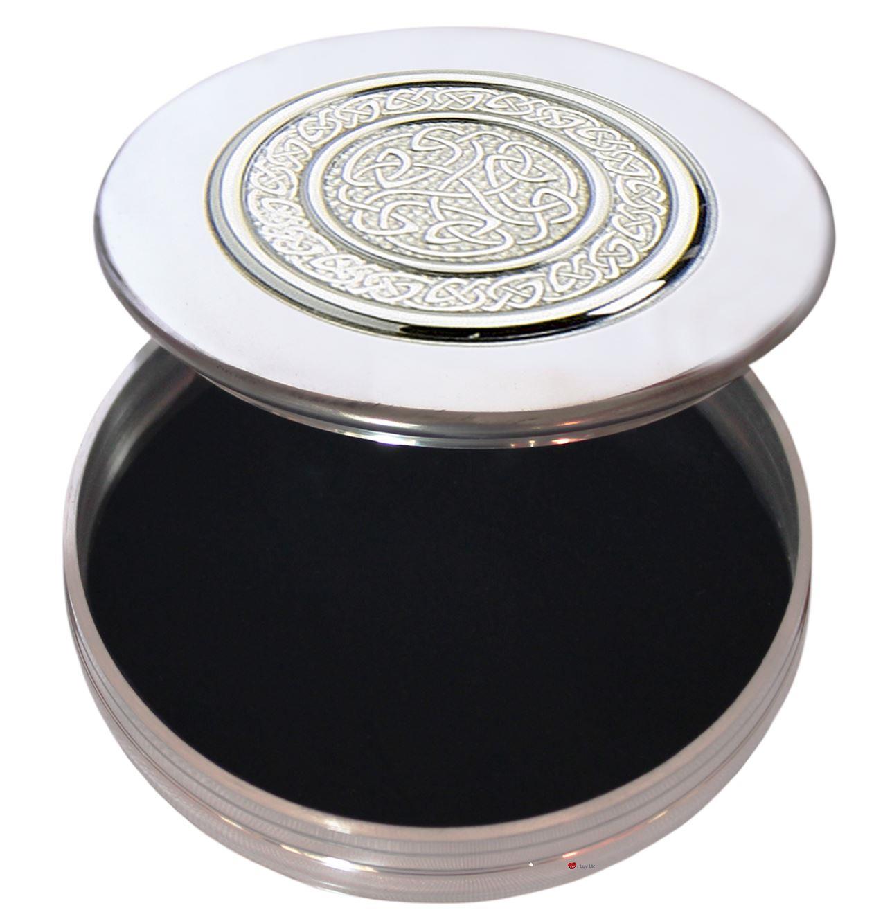 Trinket Boxes Pewter Round with Celtic Scroll Insert on Lid 90mm 50mm