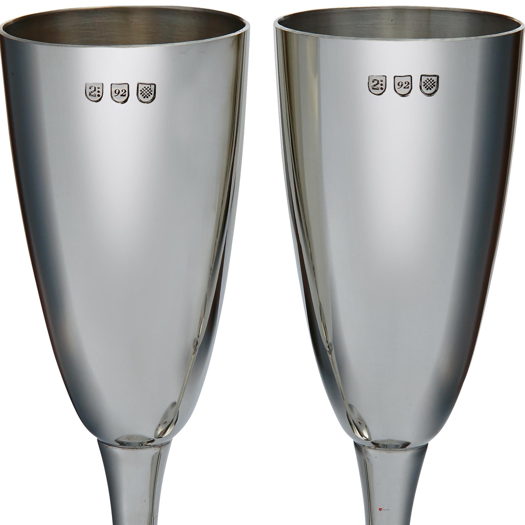 Pair of Polished Pewter Champagne Flutes in a Silk Lined Presentation Box