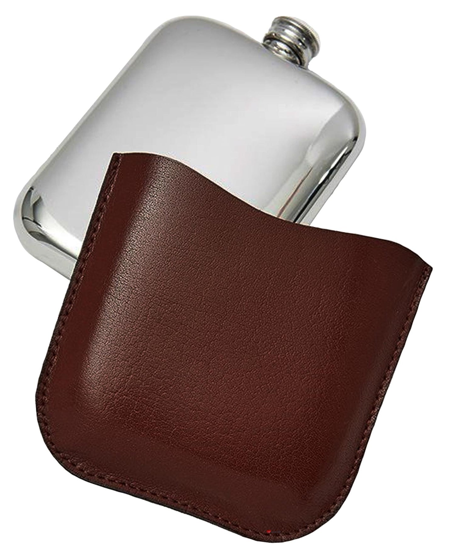 6oz Pewter Flask in Brown Genuine Leather Pouch Perfect for Engraving